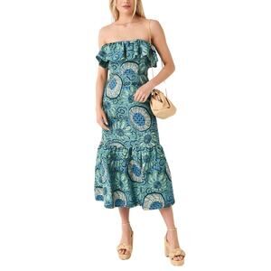 Rhode Thea Strapless Midi Dress NEW Aquatic Bloom Linen Flounce Hem Floral 6